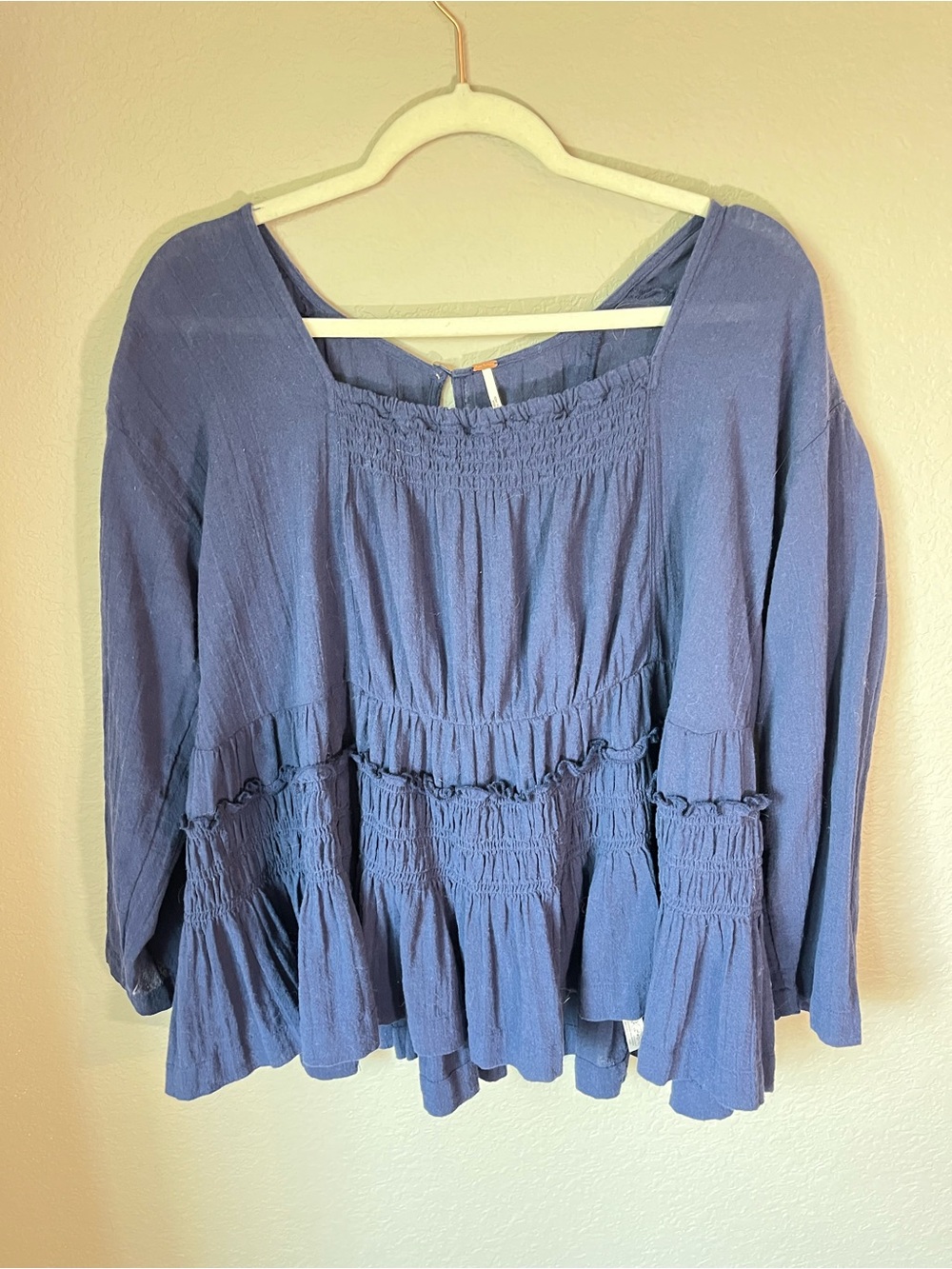 Free People Navy Smocked Peplum Boho Blouse Long Sleeve Bell Sleeve Women's S